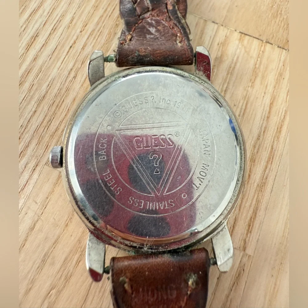 Vintage guess ladies silver tone brown braided leather watch NEW BATTERY